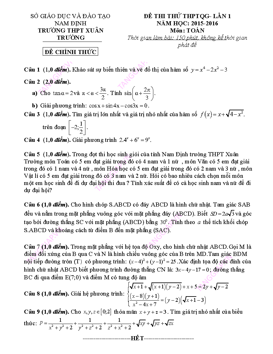 De thi thu THPTQG lan 1 nam 20152016 truong THPT Xuan Truong_Page_1.png