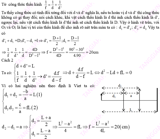 Dịch chuyển thấu kính dọc trục chính trong khoảng giữa vật và màn thì thấy có hai vị trí.png